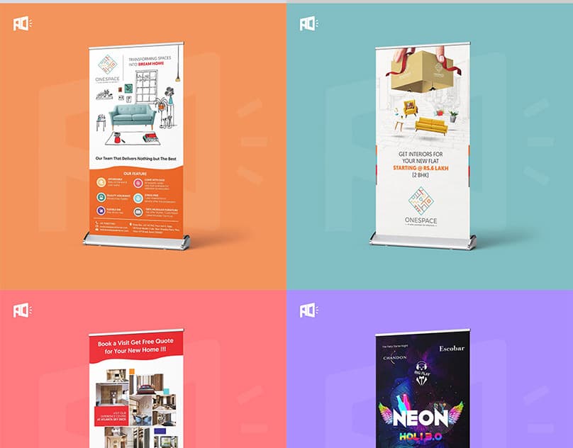 Standee, Banner & Hoarding Design — Roll-up standees and large-format banners