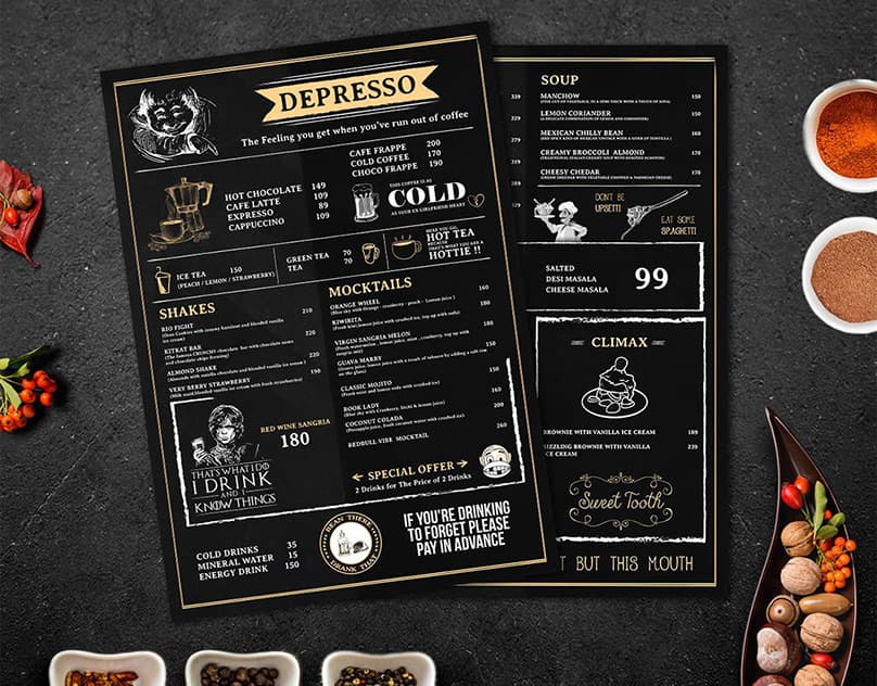 Café Menu Design — Depresso — Chalkboard-style café menu with custom illustrations