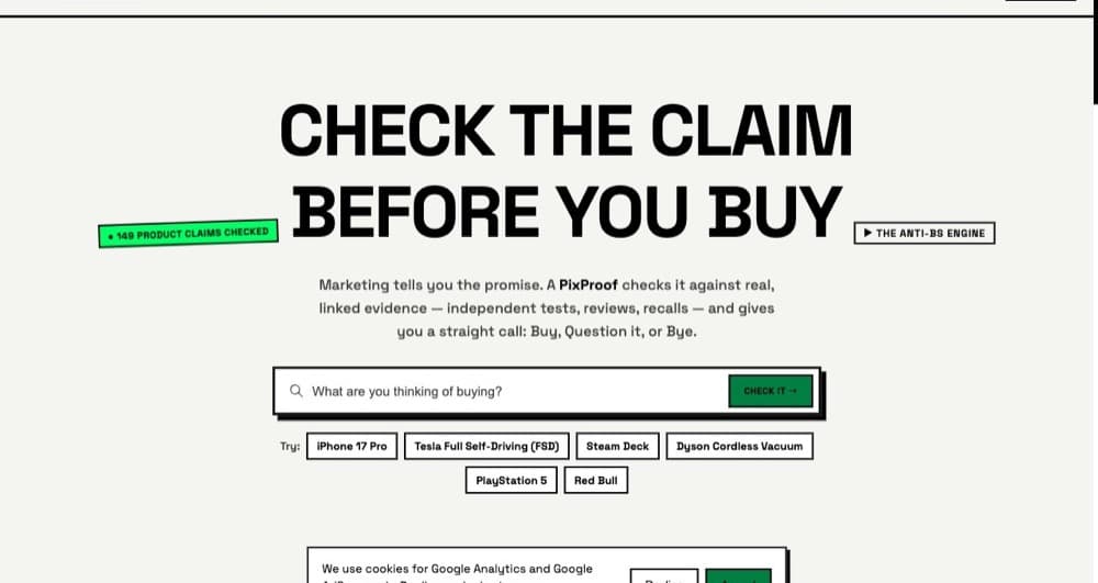 PixPause — Product-claim checking site — "check the claim before you buy"